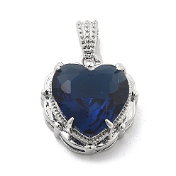 Темно-Синий Латунь стекло амулеты, сердце прелести, стойки покрытие, долговечный, без свинца и без кадмия, граненые, платина, темно-синий, 14.5x13.5x6.5 мм, отверстие : 2x3.5 мм