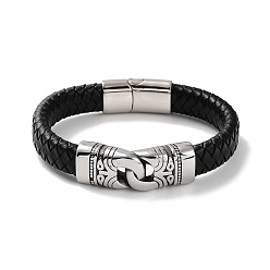 Antique Silver Men's Braided Black PU Leather Cord Bracelets, Lock 304 Stainless Steel Link Bracelets with Magnetic Clasps, Antique Silver, 8-3/4 inch(22.1cm)