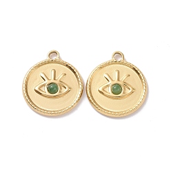 African Jade Natural African Jade Pendants, with Ion Plating(IP) Real 18K Gold Plated 304 Stainless Steel Findings, Flat Round Charm with Eyes, 21x18.5x3mm, Hole: 2.5mm