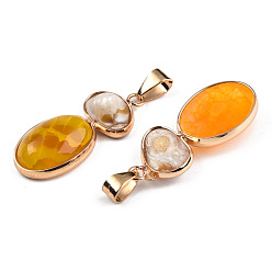 Orange Natural Crackle Agate Pendants, with Natural Shells and Light Gold Plated Brass Findings, Dyed, Oval Charm, Orange, 32~36x14.5~16.5x5~7.5mm, Hole: 4x6.5mm