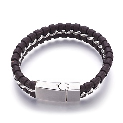 Coconut Brown Leather Braided Cord Bracelets, with Stainless Steel Magnetic Clasps, Coconut Brown, 8-5/8 inch(22cm), 13x7mm