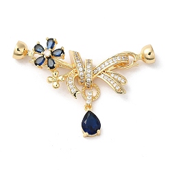 Golden Rack Plating Brass Micro Pave Clear Cubic Zirconia Fold Over Clasps, with Blue Glass, Cadmium Free & Lead Free, Long-Lasting Plated, Flower, Golden, Flower: 37x35x16.5mm, Clasp: 15x7x7mm, Inner Diameter: 5.5mm