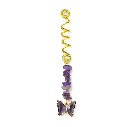 Amethyst Alloy Dreadlocks Beads, Butterfly Glass and Natural Amethyst Chips Braiding Hair Pendants Decoration Clips, for Hair Styling, 113mm, Hole: 4.5mm, Inner Diameter: 8mm