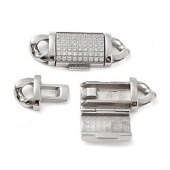Couleur Acier Inoxydable 304 fermoirs pliables en acier inoxydable, avec micro pavé zircons clairs, rectangle, couleur inox, 36.5x15.5x5.5mm, Trou: 5x4mm