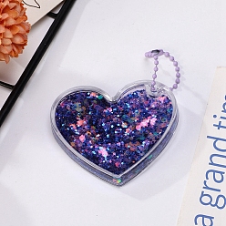 Indigo Heart Acrylic Quicksand Keychain, Glitter Chasing Pendant Decorations Sticker Keychain, with Ball Chains, Indigo, 65x50mm