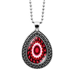 Red Glass Teardrop with Mandala Flower Pendant Necklace with Ball Chains, Platinum Alloy Jewelry for Women, Red, 23.62 inch(60cm)
