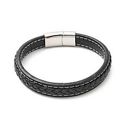 Noir Bracelet cordon plat tressé en cuir de vachette 304 avec fermoirs magnétiques en acier inoxydable, bijoux gothiques pour hommes femmes, noir, 9-5/8 pouce (24.5 cm)