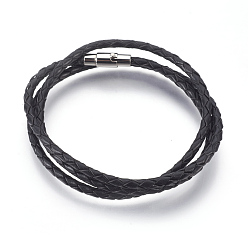 Black Leather Braided Cord Wrap Bracelets/Necklaces, Three Loops, with 304 Stainless Steel Magnetic Screw Clasps, Column, Black, 22.8 inch~23 inch(58~58.5cm), 3mm
