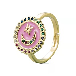 02 Stylish Star and Moon Oil Drop Ring for Women, 18K Gold Plated Copper with Micro Inlaid Zircon Stone