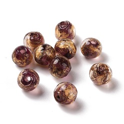 Rouge Violet Moyen Main feuille de perles de verre au chalumeau d'or, ronde, support violet rouge, 8mm, Trou: 1.4mm