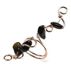 Obsidian Natural Obsidian Chips Finger Ring, Rack Plating Rose Gold Brass Wire Wrap Wide Ring, Inner Diameter: 17~19mm