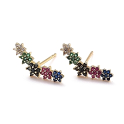 Colorful Flower Sparkling Cubic Zirconia Stud Earrings for Her, Real 18K Gold Plated Brass Micro Pave Cubic Zirconia Earrings, Colorful, 6.5x16.5x2mm, Pin: 0.8mm