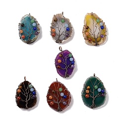 Mixed Color Natural Agate Big Pendants, with Rack Plating Brass Wires, Chakra Gemstone Beads, Cadmium Free & Lead Free, Dyed & Heated, Nuggets with Tree, Red Copper, Mixed Color, 58~62x37~47x13~14mm, Hole: 4~6mm