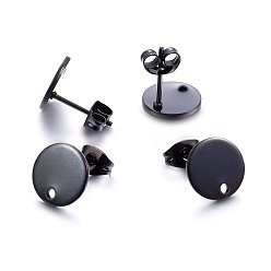 Black 304 Stainless Steel Stud Earring Findings, with Loop and Flat Plate, Ear Nuts/Earring Backs, Flat Round, Electrophoresis Black, 8x1mm, Hole: 1.2mm, Pin: 0.8mm