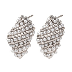Платина Серьги-гвоздики из латуни в форме ракушки, с абс пластмассовой имитационной жемчужиной, долговечный, стойки покрытие, без свинца и без кадмия, платина, 25x15.5 мм