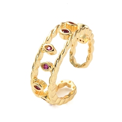 Фуксиновый Открытые манжеты из латуни с микро-паве и кубическим цирконием для женщин, без свинца и без кадмия, долговечный, реальный 18 k позолоченный, лист, красно-фиолетовые, регулируемый, 7 мм