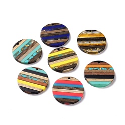 Mixed Color Resin & Walnut Wood Pendants, Flat Round Charm, with Gold Foil, Mixed Color, 30x3.5mm, Hole: 2mm