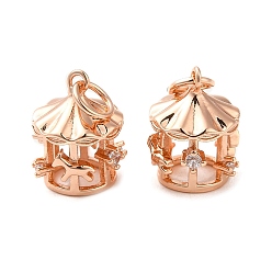 Rose Gold Rack Plating Brass Micro Pave Clear Cubic Zirconia Pendants, Cadmium Free & Lead Free, Carousel, Rose Gold, 12x10.5x9.5mm
