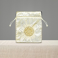 Floral White Chinese Style Brocade Drawstring Gift Blessing Bags, Jewelry Storage Pouches for Wedding Party Candy Packaging, Rectangle with Flower Pattern, Floral White, 18x15cm