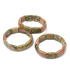 Unakite Rectangle Natural Unakite Beaded Stretch Bracelets for Women Men, Inner Diameter: 2.44 inch(6.2cm)