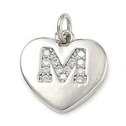 Letter M Латунные микропаве прозрачные подвески с фианитом, сердце прелести, без кадмия и без свинца, стойки покрытие, долговечный, платина, Буква М, 15x15x2 мм, отверстие : 3 мм