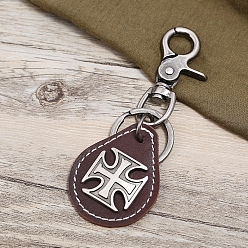 Coconut Brown Cowhide Pendant Keychains, with Alloy Clasps and Iron Rings, Teardrop with Cross, Coconut Brown, 12cm