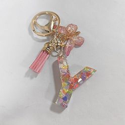 Letter Y Acrylic and Resin Keychain, with Tassel, Alloy Rings, Butterfly, 10.3cm, Pendant: 23~43mm