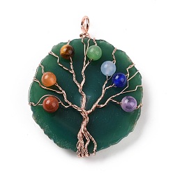 Green Natural Agate Big Pendants, with Rack Plating Brass Wires, Chakra Gemstone Beads, Cadmium Free & Lead Free, Dyed & Heated, Nuggets with Tree, Rose Gold, Green, 58~62x37~47x13~14mm, Hole: 4~6mm