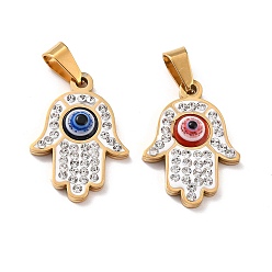 Mixed Color 304 Stainless Steel Pendants, with Polymer Clay Rhinestone and Evil Eye Resin Round Beads, 201 Stainless Steel Bails, Hamsa Hnad, Mixed Color, 23~23.5x16.5x4.2mm, Hole: 3.8x7.5mm