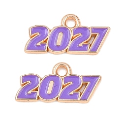 Фиолетовый Подвески из эмали и сплава, число 2027 прелести, золотые, фиолетовые, 9x18x1.5 мм, отверстие : 1.8 мм