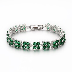 Dark Green Noble Gift Ideas for Lady Platinum Tone Brass Micro Pave Cubic Zirconia CZ Flower Link Chain Bracelets, with Watch Band Clasps , Dark Green, 170x7x5mm