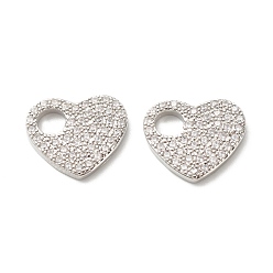 Real Platinum Plated Brass Micro Pave Cubic Zirconia Charms, Lead Free & Cadmium Free, Heart, Real Platinum Plated, 12.5x14x2mm, Hole: 4mm
