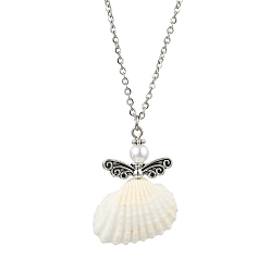 Stainless Steel Color Natural Shell Fairy Pendant Necklace, with 304 Stainless Steel Cable Chains, Stainless Steel Color, 17.91 inch(45.5cm)