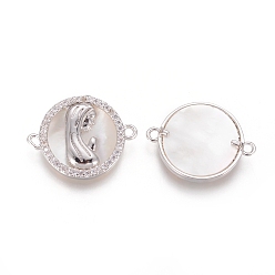 Platinum Brass Micro Pave Cubic Zirconia Links connectors, with Shell, Flat Round with Virgin Mary, Clear, Platinum, 15x20x3mm, Hole: 1.4mm