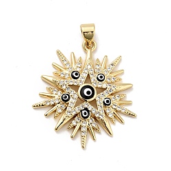 Black Rack Plating Brass Micro Pave Clear Cubic Zirconia Pendants, with Enamel, Cadmium Free & Lead Free, Star with Evil Eye, Real 18K Gold Plated, Black, 29x26x3.8mm, Hole: 3x3.5mm