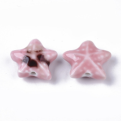Pink Handmade Porcelain Beads, Fancy Antique Glazed Porcelain, Starfish/Sea Stars, Pink, 19~20x20.5~22.5x7.5~8.5mm, Hole: 2mm
