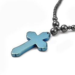Blue Plated Synthetic Non-Magnetic Hematite Cross Pendant Necklaces for Women Men, with Alloy Magnetic Clasp, Blue Plated, 18.70 inch(47.5cm), 4~8mm