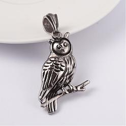 Antique Silver 316 Stainless Steel Pendants, Owl, Antique Silver, 44x30x6mm, Hole: 7x12mm