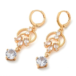 Clear Rack Plating Golden Brass Dangle Leverback Earrings, with Cubic Zirconia, Flower, Clear, 45x13mm