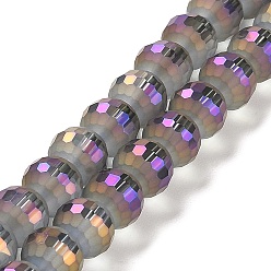Violet Electroplate Glass Beads Strands, Rainbow Plated, Frosted and Faceted(96 Facets), Round, Violet, 9.5~10x9~9.5mm, Hole: 1.8mm, about 69~70pcs/strand, 24.57''(62.4~63.1cm)