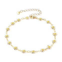 Golden Brass Enamel Daisy Link Chain Anklets, with 304 Stainless Steel Lobster Claw Clasps & Heart Charms, Golden, 9-5/8 inch(24.5cm)