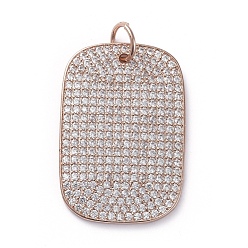 Rose Gold Brass Micro Pave Cubic Zirconia Pendants, with Jump Rings, Rectangle, Clear, Rose Gold, 36.5x25x2.5mm, Hole: 6mm