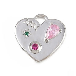 Платина Латунные микро проложить кубического циркония подвески, сердце прелести, стойки покрытие, долговечный, без кадмия и без свинца, платина, 18x18x3 мм, отверстие : 3x2.5 мм