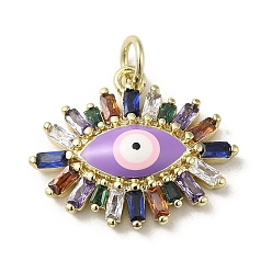 Lilac Brass Enamel Pendants, with Glass and Jump Ring, Real 18K Gold Plated, Evil Eye Charm, Lilac, 17x20.5x5mm, Hole: 3.5mm
