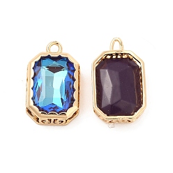 Capri Blue K9 Glass Pendants, with Light Gold Brass Finding, Rectangle Charms, Capri Blue, 19x12x5mm, Hole: 1.8mm