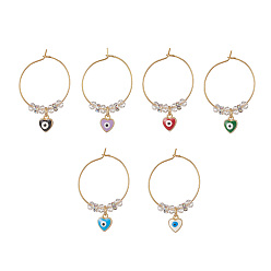 Mixed Color Evil Eye Heart Brass Enamel Pendants Wine Glass Charms Sets, with Brass Hoop Earrings Findings, Brass Rhinestone Spacer Beads, Mixed Color, 42mm, 6pcs/set