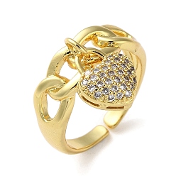 Real 18K Gold Plated Rack Plating Brass Cubic Zirconia Open Cuff Rings, Heart Charm Ring, Cadmium Free & Lead Free, Real 18K Gold Plated, Inner Diameter: 17.2mm