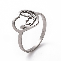 Stainless Steel Color 201 Stainless Steel Heart with Word Love You Finger Ring, Hollow Wide Ring for Women, Stainless Steel Color, US Size 6 1/2(16.9mm)