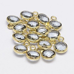 Gray Glass Flat Round Charm, with Golden Plated Brass Findings, Faceted, Gray, 9x6x3mm, Hole: 2mm