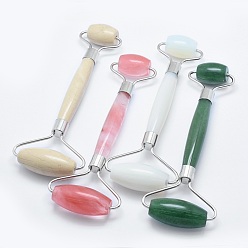 Mixed Stone Natural & Synthetic Mixed Stone Brass Face Massager, Facial Rollers, Platinum, 146~150x54~58x19~22mm